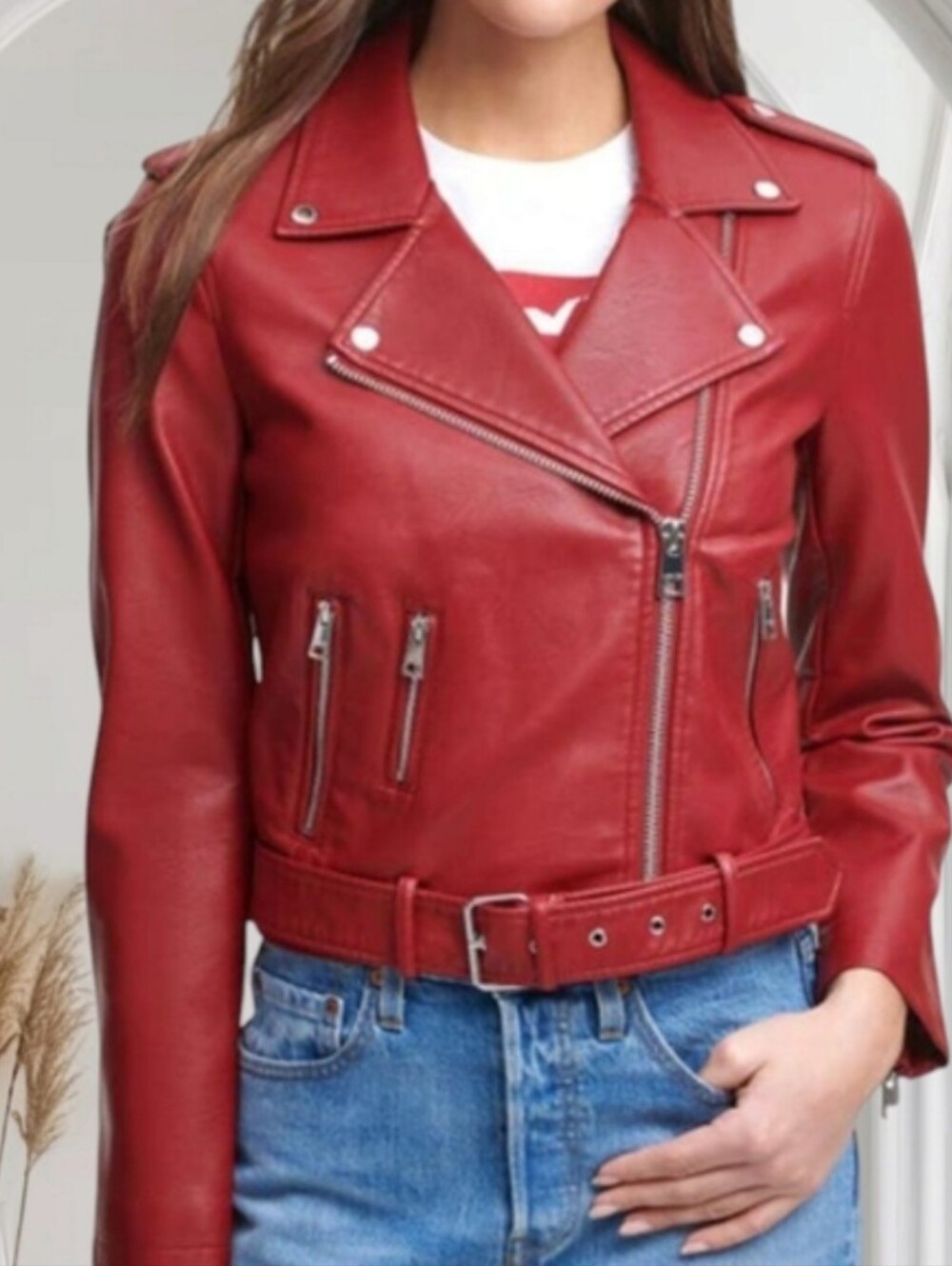 Levi's Red Faux Leather Moto Cropped Jacket with Asymmetrical Zip - Picture 3 of 10